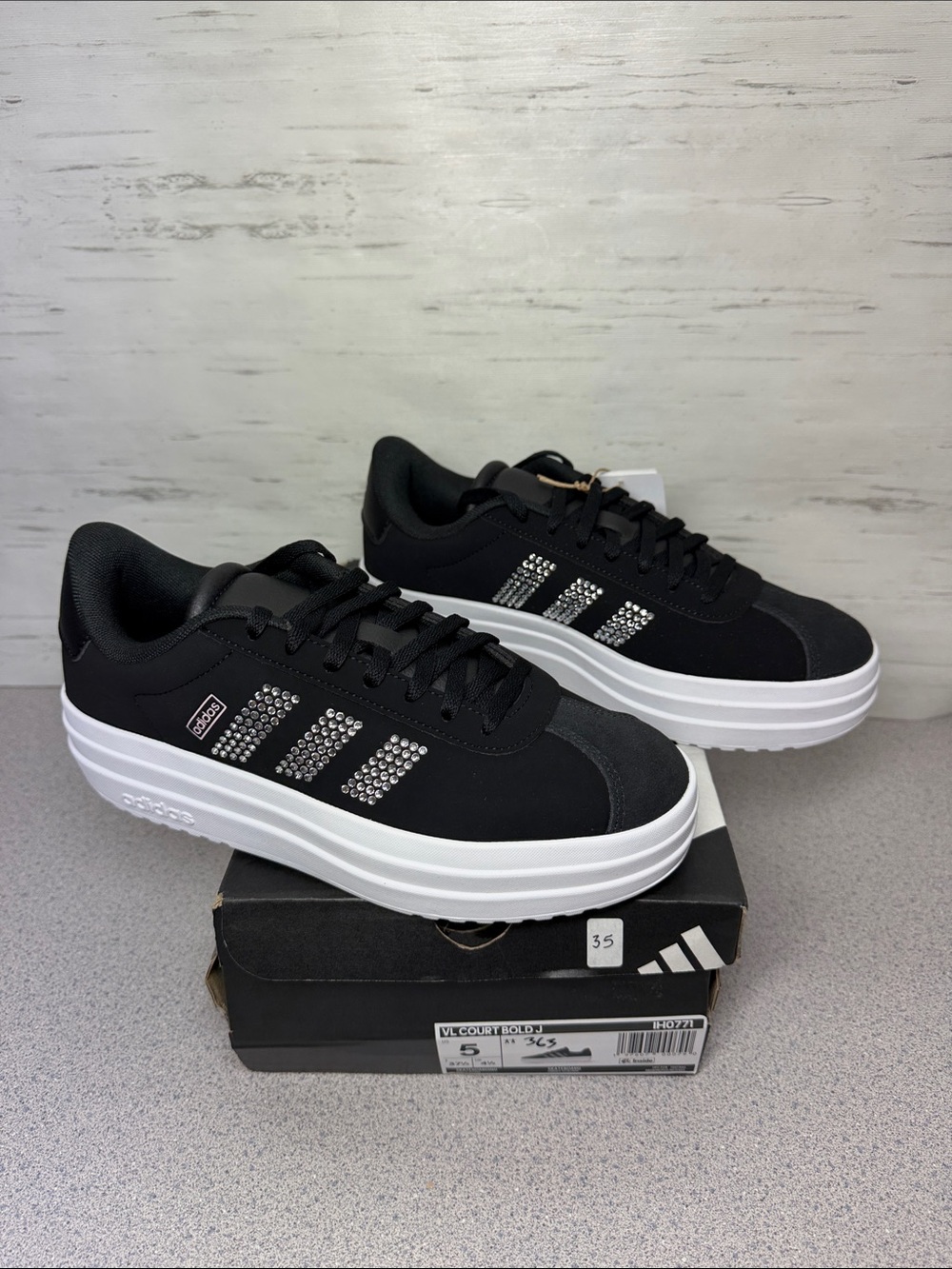 adidas Black Sneakers with White Platform and Crystal Three-Stripes